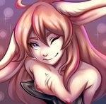 anthro blue_eyes clothing femboy fluffy hair latex latex_clothing long_hair nipples nude nude_anthro pose solo rogbiejoke lagomorph leporid mammal rabbit digital_media_(artwork) pinup portrait