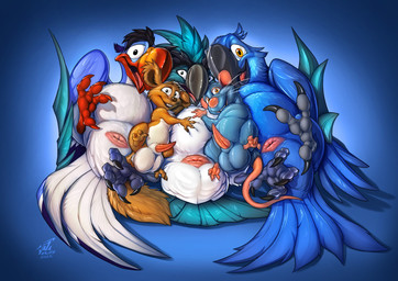 3_toes 4_toes anatomically_correct animal_genitalia animal_penis avian_feet balls beak big_balls blue_background blue_body blue_feathers brown_body brown_eyes brown_nose claws cloaca countershading cuddling feathered_wings feathers feet feral folded_wings genitals grey_beak grey_feet grey_talons group horizontal_cloaca looking_at_viewer lying male multicolored_body on_back open_beak open_mouth orange_beak orange_feet orange_talons penis pink_cloaca pink_nose presenting simple_background smile tail tail_feathers talons tapering_penis tapering_tail teeth toes tongue two_tone_body white_body white_countershading wings wairu blue_sky_studios disney pixar ratatouille rio_(series) the_lion_king blu_(rio) pluvian remy_(ratatouille) spip zazu_(the_lion_king) avian bird bucerotiform hornbill macaw mammal murid murine neotropical_parrot parrot plover rat rodent shorebird spix's_macaw true_parrot hi_res shaded