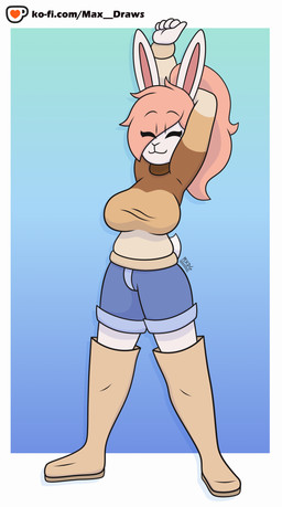 anthro bottomwear breasts clothed clothing eyes_closed gynomorph hair hand_behind_head happy high_boots intersex ponytail shorts simple_background solo standing stretching sweater topwear max_draws ko-fi molly_(max_draws) lagomorph leporid mammal rabbit cel_shading hi_res shaded
