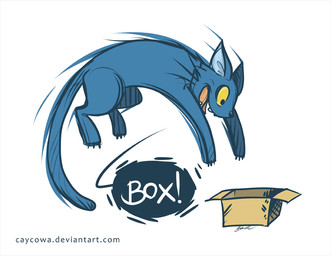 ambiguous_gender blue_body blue_fur box claws container fangs feral fur happy jumping midair open_mouth open_smile simple_background smile solo teeth text whiskers white_background yellow_eyes caycowa domestic_cat felid feline felis mammal 2015 signature url