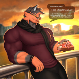 afternoon anthro barazoku black_body black_fur black_nose box_of_chocolates candy chocolate clothed clothing dessert dialogue food fur hair heart_box holiday_message holidays humanoid_hands looking_at_viewer male manly multicolored_body multicolored_fur muscular muscular_anthro muscular_arms muscular_male red_body red_eyes red_fur ribbons scarf solo speech_bubble talking_to_viewer text thick_arms two_tone_body two_tone_fur yellow_sclera solard0gg0 nintendo pokemon valentine's_day amon_(solard0gg0) generation_7_pokemon pokemon_(species) torracat english_text hi_res
