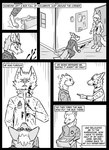 absurd_res ambiguous_gender angry anthro black_and_white box braun_(kifyun2) canid canine clothed clothing comic container door english_text eyewear fox glasses group hi_res inner_ear_fluff inside kif_yppreah kifyun2 male mammal monochrome simple_background speech_bubble text tuft