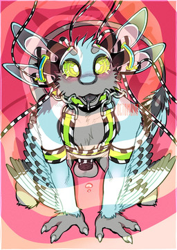 anthro balls black_harness blue_body blue_fur bodily_fluids chastity_cage chastity_device drooling feathered_wings feathers femboy flat_chastity_cage front_view fur genitals green_eyes green_harness grey_balls grey_body grey_fur harness hypnosis kneeling looking_at_viewer male male_anthro mind_control nude open_mouth pupils ringed_eyes saliva sensory_deprivation simple_background solo unusual_eyes white_harness white_pupils winged_arms wings 0ct0m0n0 avali hi_res