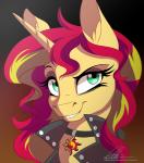 blonde_hair clothing collar female feral green_eyes hair horn jacket leather leather_clothing leather_jacket leather_topwear looking_at_viewer multicolored_hair red_hair solo topwear two_tone_hair dvixie equestria_girls hasbro my_little_pony mythology sunset_shimmer_(eg) equid equine mammal mythological_creature mythological_equine unicorn 2015 bust_portrait portrait