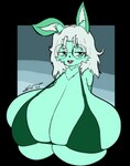 anthro big_breasts bikini bikini_top blush bra_overflow breasts clothed clothing eyewear female fur glasses green_body green_fur hair huge_breasts hyper hyper_breasts looking_at_viewer open_mouth simple_background smile smug solo swimwear tight_clothing topwear two-piece_swimsuit white_hair spintopple minty_(mintybun) lagomorph leporid mammal rabbit alpha_channel digital_media_(artwork) hi_res pastel_theme