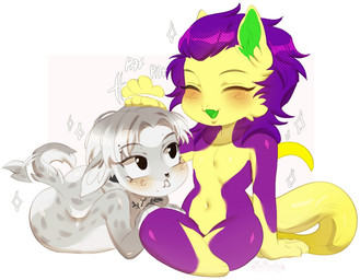 anthro blush breasts chibi duo glistening grey_body hair male nude open_mouth piercing purple_body smile tail text white_body yellow_body yamorio mythology enes21 roman_(yamorio) dragon hyena mammal mythological_creature mythological_scalie scalie 2024