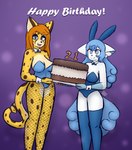 anthro birthday birthday_cake blue_eyes blue_hair breasts bunny_costume cake clothing costume dessert duo fake_ears fake_rabbit_ears female fishnet_clothing fishnet_legwear food fur hair happy_birthday legwear looking_at_viewer orange_hair simple_background smile standing stockings text white_body white_fur yellow_body yellow_fur max_draws nintendo pokemon alolan_form alolan_vulpix cheetah felid feline generation_7_pokemon mammal pokemon_(species) regional_form_(pokemon) absurd_res english_text hi_res