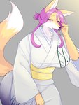 4_fingers anthro asian_clothing black_nose blush breasts clothed clothing cute_fangs dipstick_tail east_asian_clothing fangs female female_anthro fingers fur hair half-closed_eyes japanese_clothing kemono kimono looking_at_viewer markings multicolored_body multicolored_fur multicolored_tail narrowed_eyes open_mouth pink_eyes pink_hair solo tail tail_markings teeth two_tone_body two_tone_fur white_body white_fur yellow_body yellow_fur takeshi_kemo canid canine fox mammal 2021 3:4 digital_media_(artwork) hi_res translated_description