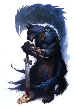 ambiguous_gender anthro beak blood blue_body blue_fur bodily_fluids bone claws clenched_teeth duo fur holding_melee_weapon holding_object holding_sword holding_weapon male melee_weapon muscular open_mouth simple_background skull sword teeth weapon white_background steve_prescott werewolf_the_apocalypse avian bird canid canine canis mammal spirit wolf 2012 official_art