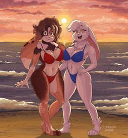 4_toes 5_fingers ankle_tuft anthro beach big_breasts big_ears blue_clothing blue_swimwear breasts brown_body brown_eyes brown_fur brown_hair buckteeth cheek_tuft clothing countershade_face countershade_torso countershading crotch_tuft curvy_figure detailed_background dipstick_ears ear_markings eyelashes facial_tuft feet female fingers floppy_ears fur gloves_(marking) gradient_sky green_pupils hair half-closed_eyes hand_on_hip head_tuft heart_(marking) horizon leg_tuft logo looking_at_viewer lop_ears markings monotone_body multicolored_ears narrowed_eyes navel neck_tuft open_mouth orange_clouds orange_sky outside pink_inner_ear plantigrade pupils red_clothing red_swimwear red_tongue sand sea shadow sky smile solo standing sun sunset swimwear swimwear_only teeth thick_thighs toes tongue tuft two-piece_swimsuit voluptuous water wave white_body white_fur yellow_eyes yellow_sky sammfeatblueheart lagomorph leporid mammal rabbit 2025 artist_logo cel_shading hi_res shaded signature