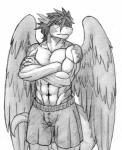 anthro clothed clothing crossed_arms feathered_wings feathers male muscular muscular_anthro muscular_male solo tail topless wings nameless00 mythology leini dragon mythological_creature mythological_scalie scalie windragon hi_res monochrome traditional_media_(artwork)