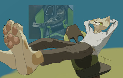 anthro bedroom_eyes clothed clothing feet foot_focus gaming_chair hands_behind_head inner_ear_fluff levitation looking_at_viewer looking_pleasured lying male nails narrowed_eyes notched_ear on_back pawpads paws seductive simple_background slim solo spots tuft white_body lemgrum real_world domestic_cat felid feline felis mammal hi_res