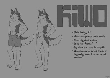 animal_genitalia anthro balls biped bottomwear clothing genitals male paws plantigrade sheath shorts solo standing text sys_bps kiwo_(sys_bps) canid canine canis domestic_dog husky mammal nordic_sled_dog spitz absurd_res english_text hi_res model_sheet monochrome