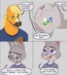 anthro blonde_hair clothed clothing dialogue duo eyebrows female fingers fur gem grey_body grey_fur hair humor male open_mouth purple_eyes shirt speech_bubble t-shirt tan_body tan_fur teeth text tongue topwear thehumancopier disney zootopia buck_colton_(thehumancopier) fan_character judy_hopps equid equine horse lagomorph leporid mammal rabbit 2023 comic digital_media_(artwork) english_text