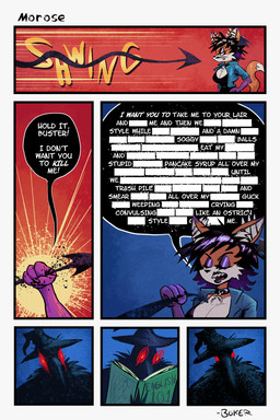 ambiguous_gender attack black_body black_clothing black_hair black_lips black_speech_bubble black_topwear blue_clothing blue_jacket blue_topwear book breasts censored_text cheek_tuft choker cleavage clothed clothing dialogue duo ear_piercing eyes_closed eyeshadow facial_tuft female fur gradient_hair hair head_wings highlights_(coloring) industrial_piercing industrial_piercing_ladder jacket jewelry lips makeup male multicolored_hair necklace onomatopoeia open_mouth orange_body orange_fur piercing propositioning purple_body purple_eyeshadow purple_fur purple_hair purple_highlights rant red_eyes sharp_teeth sound_effects speech_bubble tail tail_grab teeth teratophilia text topwear tuft two_tone_hair unusual_wing_placement white_body white_fur wings boker hanged_man_(boker) laura_derose bat-eared_fox canid canine demon fox mammal 2:3 artist_name comic english_text signature
