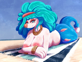anthro areola beach belly big_breasts blue_eyes blue_hair bodily_fluids bracelet breasts butt clothing curly_hair detailed_background female fish_tail gold_(metal) gold_jewelry grin hair handwear headgear jewelry kerchief legless looking_at_viewer lying lying_on_self mermaid_tail neckwear nipples nude on_front pink_areola pink_nipples resting_on_belly sand scales sky skyscape slightly_chubby smile smug smug_face solo split_form sweat tail towel white_body dennhaze nintendo pokemon isabela_(dennhaze) aquatic generation_7_pokemon mammal merfolk pinniped pokemon_(species) primarina absurd_res digital_media_(artwork) hi_res