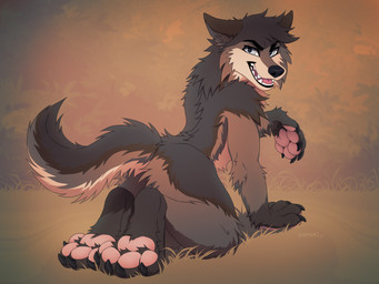 4_toes 5_fingers abstract_background ambiguous_anthro ambiguous_gender anthro arm_support bent_leg black_claws black_eyebrows black_finger_claws black_nose black_toe_claws brown_body brown_feet brown_fur brown_hands brown_paws cheek_tuft claws countershade_face countershade_fur countershade_tail countershading eyebrows facial_tuft feet finger_claws fingerpads fingers forward_arm_support fur fur_markings fur_tuft gloves_(marking) grass hand_on_ground handpaw head_tuft head_turned kneeling leg_markings light_eyes looking_at_viewer looking_back markings nude_ambiguous nude_anthro on_ground open_mouth open_smile pawpads paws pivoted_ears plant pointy_ears prick_ears shadow smile socks_(marking) solo tail tan_body tan_countershading tan_fur teeth text three-quarter_view toe_claws toes tongue_showing tuft year suzamuri canid mammal 2025 4:3 artist_name dated digital_media_(artwork)