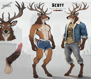 abs animal_genitalia animal_penis anthro antlers balls barefoot biceps blue_eyes bottomwear brown_body brown_fur calf_muscles clothed clothing denim denim_bottomwear denim_clothing denim_jacket denim_topwear erection feet fur genitals hooves horn jacket jeans male medial_ring muscular muscular_anthro muscular_male nipples pants pecs penis scar shorts solo standing text topless topless_anthro topless_male topwear underwear vein veiny_penis decayj cervine deer elk mammal english_text hi_res model_sheet