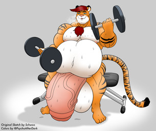anthro balls belly big_balls big_belly big_muscles big_penis bodily_fluids breath chest_tuft exercise genitals gym hair huge_balls huge_belly huge_muscles huge_penis hyper hyper_balls hyper_belly hyper_genitalia hyper_penis looking_pleasured male musclegut muscular muscular_anthro muscular_male penis red_hair simple_background sitting solo sweat sweaty_balls sweaty_genitalia sweaty_legs sweaty_penis text tuft vein veiny_penis weightlifting workout psychoticwalrus schwoo alex_(furryartcollector) felid mammal pantherine tiger english_text hi_res