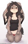 anthro black_camisole black_clothing black_underwear camisole clothed clothing female freckles hair long_hair panties red_clothing red_panties red_underwear short_tail sitting solo tail text underwear underwear_only elronya ronya suvi_(elronya) lagomorph leporid mammal rabbit hi_res url