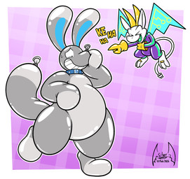 after_transformation anthro audible_laugh balloon balloon_animal balloon_tail belly big_ears collar collar_only duo gesture grin hand_gesture inflatable laugh male nude pointing pointing_at_another smile toony transformation soul-silver-dragon reboot_(soul-silver-dragon) soul-silver-dragon_(character) canid canine imp mammal hi_res