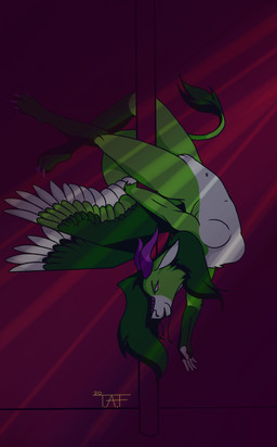 5_fingers anthro belly biped breasts butt claws dancing eye_glint feathered_wings feathers feet female fingers fur genitals glowing glowing_eyes green_body green_fur hair horn light light_beam long_ears long_tail looking_at_viewer navel nude open_mouth pink_claws pink_eyes pole pole_dancing purple_horn ribs scales simple_background smile solo strip_club tail tail_tuft text toe_claws toes tuft upside_down upside_down_face upside_down_vulva vulva white_body white_fur wings kirvahdraws asian_mythology east_asian_mythology mythology kirvah dragon eastern_dragon mammal mythological_creature mythological_scalie reptile scalie 2020 absurd_res dated digital_media_(artwork) hi_res signature watermark