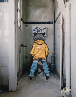 abandoned_building bathroom clothing graffiti hoodie male peeing photo_background sagging_pants solo toilet topwear underwear urban wild_strokes whiz_(wild_strokes) mammal procyonid raccoon absurd_res hi_res photography_(artwork)