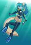 anthro clothing female fin legwear one-piece_swimsuit scuba scuba_diving stockings swimwear underwater water wetsuit mermaidnerin echo_(mermaidnerin) mammal mustelid otter hi_res