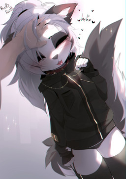 5_fingers anthro armwear black_nose blep blush bodily_fluids clothed clothing collar duo eyelashes eyes_closed eyeshadow female fingers fluffy fluffy_tail fur grey_body grey_fur grey_hair hair hand_on_head jacket legwear long_hair makeup multicolored_body multicolored_fur panties petting ponytail saliva simple_background spikes standing tail tongue tongue_out topwear two_tone_body two_tone_fur underwear white_body white_fur magnaluna hellaverse helluva_boss mythology loona_(helluva_boss) canid canid_demon canine demon hellhound human mammal mythological_canine mythological_creature 2023 absurd_res digital_media_(artwork) hi_res