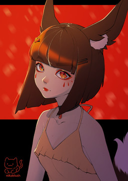 amber_eyes bangs blunt_bangs bob_cut breasts brown_hair female fox_ears fox_tail hair red_makeup small_breasts solo conditional_dnp nikoyishi qurin_(nikoyishi) animal_humanoid humanoid 2025 hi_res portrait shaded