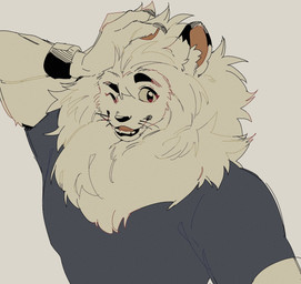 anthro black_eyes black_nose claws clock clothed clothing eyebrows fur hair hand_on_head long_hair long_mane looking_at_viewer male mane mascot muscular muscular_male one_eye_closed open_mouth pawpads pink_pawpads shirt simple_background smile solo t-shirt thick_eyebrows tongue topwear watch whiskers white_background white_body white_fur wink wristwatch nazume4 nippon_professional_baseball saitama_seibu_lions leo_(saitama_seibu_lions) felid feline lion mammal pantherine digital_drawing_(artwork) digital_media_(artwork) hi_res