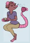 3_toes 4_fingers anthro barefoot beverage bottomwear brown_body brown_fur brown_hair buckteeth capris clothed clothing coffee eyes_closed feet female fingers food fur hair hot_drink long_tail pants pink_fingers pink_nose pink_toes prehensile_tail shirt short_hair smile solo tail teeth thick_tail toes topwear whiskers ricket dentia mammal murid murine rat rodent sketch