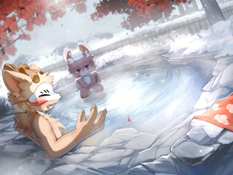 anthro duo hot_spring kemono male male/male mask nude open_mouth outside partially_submerged purple_eyes towel towel_on_head water young young_anthro young_male eisuke_art fabulous_beasts sibuxiang_the_deer_(fabulous_beasts) tuye_(fabulous_beasts) deer lagomorph leporid mammal rabbit 2025 absurd_res hi_res