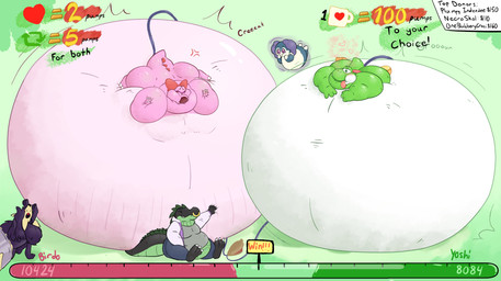 air_inflation bellows belly belly_expansion big_belly black_outline blush blush_lines bodily_fluids creaking cross-popping_vein donation_drive duo expansion eyebrows eyes_closed fwoomp green_background green_body green_eyes heart_symbol hose hose_in_butt hose_inflation huge_belly hyper hyper_belly hyper_inflation immobile inflation jewelry motion_lines outline pink_body puffed_cheeks red_bow simple_background speech_bubble stretch_marks sunken_limbs sweat white_body crestdraggy mario_bros nintendo pokemon leo_(oneblubberycroc) necroskol_(character) birdo dinosaur generation_8_pokemon indeedee pokemon_(species) prehistoric_species reptile scalie yoshi 2023 absurd_res hi_res