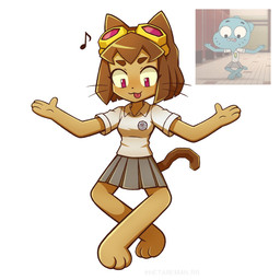 4_fingers anthro bottomwear breasts brown_body brown_hair clothing crossed_legs eyebrows eyelashes eyewear eyewear_on_head feet female fingers goggles goggles_on_head hair magenta_eyes musical_note musical_symbol pleated_skirt scene_parody shirt skirt solo symbol tongue tongue_out topwear whiskers hetareman cartoon_network gameoverse glitch_productions the_amazing_world_of_gumball kit_bodega nicole_watterson domestic_cat felid feline felis mammal 1:1 2026 hi_res