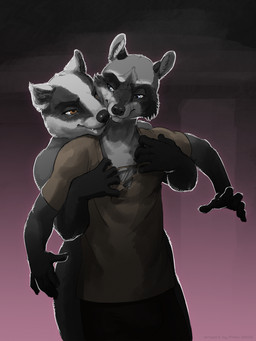 5_fingers anthro anthro_on_anthro black_body black_fur black_nose clothed clothed_anthro clothed_male clothing duo fangs female fingers fur grey_body grey_fur humanoid_hands interspecies male male/female multicolored_body multicolored_fur nude nude_anthro nude_female shirt teeth topwear torn_clothing torn_shirt torn_topwear two_tone_body two_tone_fur white_body white_fur ipoke eric_(ipoke) keira_(ipoke) badger mammal mustelid musteline procyonid raccoon 3:4 hi_res