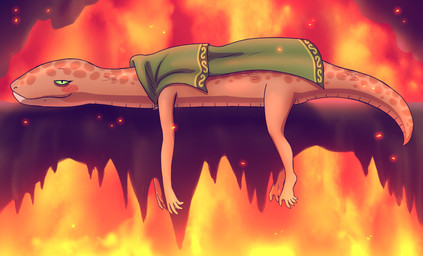 5_fingers 5_toes ambiguous_gender anthro arms_down biped blush cape cape_only capelet cave clothing contiguous_snout duo feet fingers fire fire_background green_cape green_capelet green_clothing green_eyes inside legs_down long_neck lying mostly_nude nude on_front on_ground orange_background orange_body orange_scales plantigrade pupils scales short_tail simple_background slit_pupils smile snout sparks tail tapering_tail thick_tail toes ventral_scales bearyboo elden_ring fromsoftware zorayas legged_snake manserpent reptile scalie snake 2024 absurd_res cel_shading colored digital_drawing_(artwork) digital_media_(artwork) full-length_portrait hi_res line_art portrait shaded female_(lore)