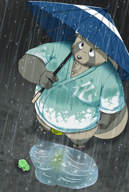 anthro balls_outline brown_body brown_fur bulge clothed clothing detailed_bulge fur genital_outline kemono male outside overweight overweight_anthro overweight_male penis_outline raining solo umbrella underwear water kiyo canid canine mammal raccoon_dog tanuki 2021