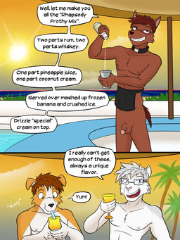 anthro athletic athletic_male balls black_nose blue_eyes bodily_fluids bottle brown_body brown_fur brown_hair casual_nudity circumcised clothed clothing cocktail_glass cocktail_shaker collar container cum cum_in_mouth cum_inside cup detailed_background dialogue drinking drinking_cum drinking_glass drinking_straw duo eyewear fangs flaccid floppy_ears folded_ears fur genital_fluids genitals glass glass_container glass_cup glasses grey_hair hair happy humanoid_genitalia humanoid_penis male male_anthro mostly_nude_anthro mostly_nude_male multicolored_body multicolored_fur nipples open_mouth outdoor_nudity penis pince-nez pink_nose pointy_ears prick_ears red_eyes red_hair sky smile smirk snout solo speech_bubble sunset teeth text tongue toothy_grin topless topless_anthro topless_male white_body white_fur fuze texnatsu al_(texnatsu) leonard_(texnatsu) robbie_(texntasu) canid canine canis domestic_dog felid mammal pantherine tiger wolf 3:4 comic english_text hi_res