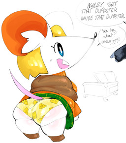anthro big_butt blonde_hair blue_eyes blush body_blush butt butt_blush cheese_print clothing dialogue female food_print fur hair open_mouth orange_clothing orange_sweater orange_topwear panties presenting presenting_hindquarters print_clothing print_panties print_underwear shortstack simple_background solo sweater tail text thick_thighs topwear underwear wedgie white_background white_body white_fur goatboydraws capcom resident_evil ashley_graham moushley house_mouse mammal mouse murid murine rodent english_text hi_res