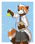 black_nose bottomwear chemistry clipboard clothing coat dual_holding erlenmeyer_flask fur fur_markings hair holding_clipboard holding_erlenmeyer_flask holding_laboratory_glassware holding_object lab_coat laboratory_equipment laboratory_glassware male markings necktie number science scientific_instrument scientist shirt shorts solo topwear white_hair white_outerwear yellow_eyes underwotter jakemi ailurid mammal red_panda 4:5 absurd_res hi_res