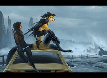 anthro athletic athletic_female car duo female female/female latex sunrise sunset travel vehicle conditional_dnp royz journey alyx_(latex) domestic_cat felid feline felis human mammal