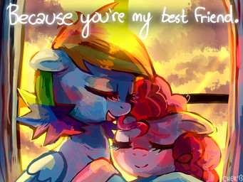 blue_body blue_feathers blue_fur dialogue duo eyes_closed feathered_wings feathers female feral fur hair hug inside multicolored_hair pink_body pink_fur pink_hair rainbow_hair sunset text wings cherkivi friendship_is_magic hasbro my_little_pony mythology pinkie_pie_(mlp) rainbow_dash_(mlp) earth_pony equid equine horse mammal mythological_creature mythological_equine pegasus pony 2013 4:3 colorful_theme english_text