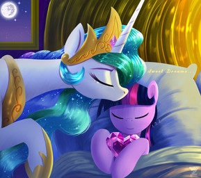 bed bodily_fluids crown crystal duo female feral furniture headgear heart_symbol horn kiss_on_forehead kissing moon regalia snoring sparkles tears wings darksly-z friendship_is_magic hasbro my_little_pony mythology princess_celestia_(mlp) twilight_sparkle_(mlp) equid equine mammal mythological_creature mythological_equine unicorn winged_unicorn hi_res