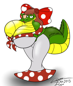 accessory anthro big_breasts blue_eyes bow_ribbon breasts brown_hair clothing cosplay dress female green_body green_scales hair hair_accessory hair_bow hair_ribbon hand_on_breast huge_breasts hyper hyper_breasts multicolored_body multicolored_scales non-mammal_breasts ribbons scales solo text thick_thighs two_tone_body two_tone_scales ventral_scales yellow_body yellow_scales enigma_dragan_(artist) la_pavita_pechugona pavita_pechugona randa_(badgerben) alligator alligatorid crocodilian reptile scalie 2015 artist_name digital_media_(artwork) hi_res