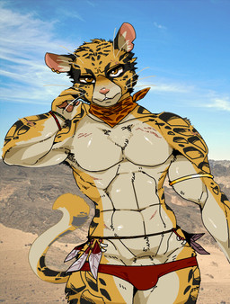 anthro black_spots bracelet brown_eyes bulge claws clothing fur jewelry kerchief looking_at_viewer male muscular muscular_anthro muscular_male photo_background scar solo spots underwear whiskers yellow_body yellow_fur yuureidooru cheetah felid feline mammal 2020 aliasing digital_media_(artwork) half-length_portrait hi_res mixed_media photography_(artwork) portrait