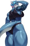 anthro biceps blue_body blue_hair breasts butt clothing deltoids facial_piercing female furgonomics furry-specific_piercing hair muscular muscular_female muzzle_piercing nose_piercing panties piercing rear_view solo tattoo thick_thighs underwear sotcho fish marine shark 2023 hi_res