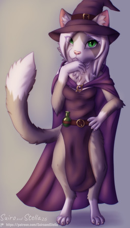 4_toes anthro belt claws cloak clothing dipstick_tail dress feet female female_anthro fluffy fur green_eyes grey_body grey_fur hair hat headgear headwear hood long_hair looking_at_viewer magic_user markings paws potion_bottle simple_background soft_lighting solo standing tail tail_markings toes white_body white_fur white_hair witch witch_costume witch_hat stellaamoris sarah_vesper domestic_cat felid feline felis mammal 4:7 absurd_res digital_media_(artwork) digital_painting_(artwork) full-length_portrait hi_res painting_(artwork) portrait