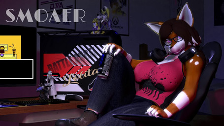 anthro clothed clothing computer electronics female headphones looking_at_viewer sitting solo smoaer warfaremachine_(modeler) bandai_namco blizzard_entertainment digimon monster_energy overwatch undertale undertale_(series) frisk_(undertale) janet_(smoaer) katerine_flores warfare_renamon warfare_taomon canid canine digimon_(species) fox human mammal renamon taomon 16:9 3d_(artwork) 3d_animation animated digital_media_(artwork) hi_res short_playtime sound source_filmmaker_(artwork) video widescreen