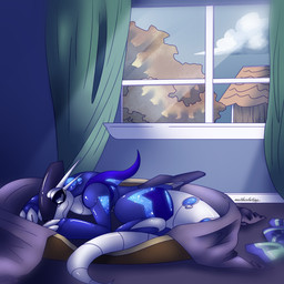 ambiguous_gender bed blue_body blue_tail claws curtains dog_bed feral furniture grey_body grey_claws inside lying lying_on_bed machine multicolored_body on_bed pet_bed sleeping solo tail two_tone_body two_tone_tail motherlatias nintendo pokemon future_pokemon generation_9_pokemon legendary_pokemon low-power_mode_miraidon miraidon paradox_pokemon pokemon_(species) robot 1:1 2024 hi_res watermark
